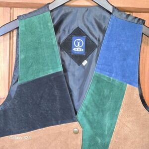 AM Suede Patchwork Vest Blue Green Brown Red Black Button Front Size M